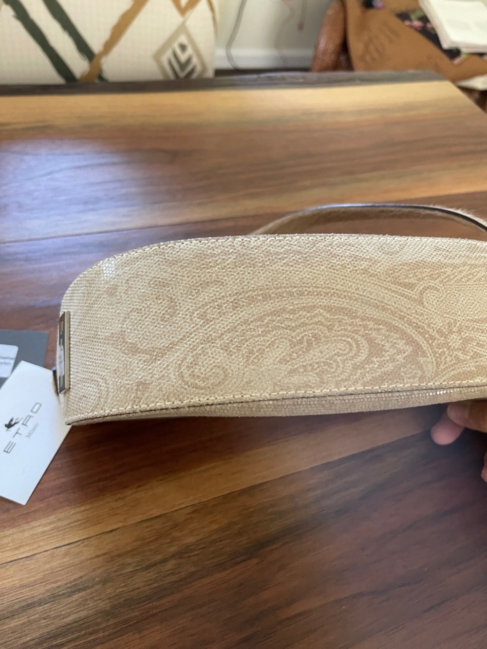 Etro Unique Light Cream & Taupe Paisley Print Fur Lined Strap Hand Bag. - Picture 4 of 8